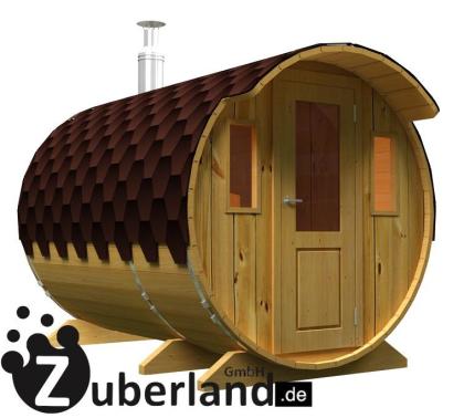 3m Fichten Sauna mit Vorraum 2, 2m Durchmesser und Holzofen, Saunafass, Sauna-Fa