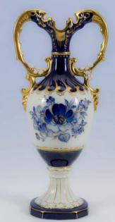 Royal Dux Bohemia – Henkel Vase Amphore – Weiß Gold Blau Handbemalt - 28 cm