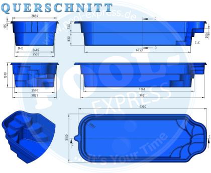 GFK Schwimmbecken 8,2 x 3,1 x 1,55 GFK Pool vollisoliert fertigpool einbaubecken