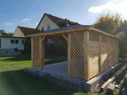 GARTENHAUS GARTENLAUBE KLEBEDACH HOLZ LEHENBERG BITUMENSCHINDELN 6x4m