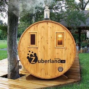 3m Fichten Sauna mit Vorraum 2, 2m Durchmesser und Holzofen, Sauna-Fass, Saunafa