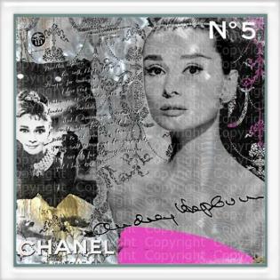 A u d r e y H e p b u r n Collage CHANEL No. 5 signiert. Makelloser Kunstdruck.