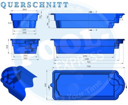GFK Schwimmbecken 7.7 x 3.2 x 1,55 GFK Pool vollisoliert fertigpool einbaubecken
