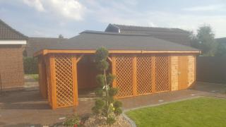 GARTENHAUS 2IN1 7x4m GARTENLAUBE KLEBEDACH HOLZ HANOVER BITUMENSCHINDELN Neuware