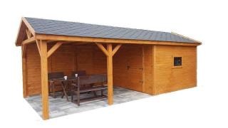 FERIENHAUS GARTENHAUS GARTENLAUBE ÜBERDACHUNG KLEBEDACH HOLZ USTKA 2IN1 5x3m